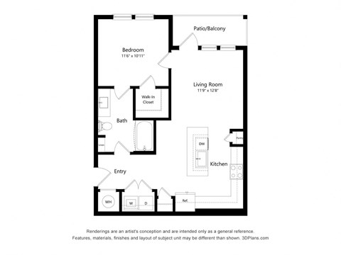 Floor plan for 1 bed, 1 bath, 730 sqft
